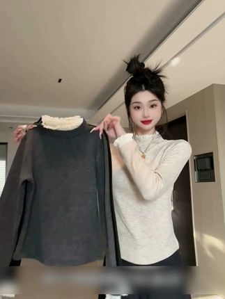 半高领蕾丝拼接洋气长袖女t恤秋冬上衣修身加绒内搭打底衫 #非常甜妹 #打底衫#谁穿谁好看#好穿又好搭 #内搭外穿都好看