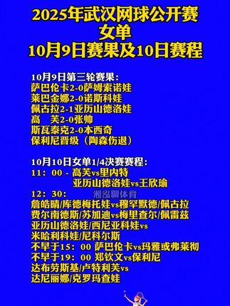 #2025年武汉网球公开赛10月9日赛果及10月10日4强决赛赛程#世界冠军#郑钦文加油