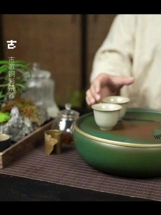 古歌元作《寒雀》圆形纯铜储水便携茶盘茶具茶洗干泡盘湿泡台家用#黄铜茶盘