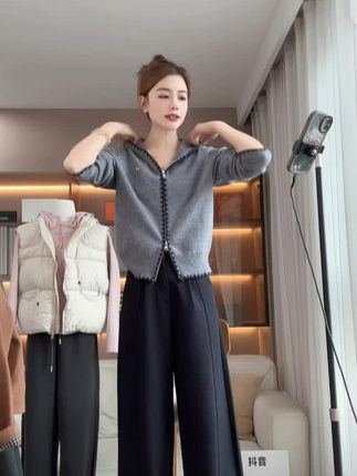 连帽针织衫女减龄设计感洋气针织衫韩版2025新款早秋宽松百搭开衫