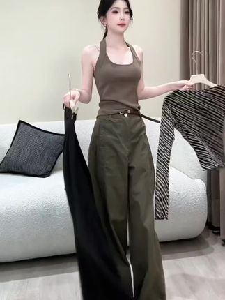 秋季韩版高级感条纹斜领长袖打底上衣女高腰宽松西装阔腿裤两件套