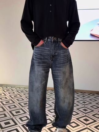 秋季宽松弯刀烫钻复古做旧高级水洗磨破时尚潮流高街休闲百搭男士牛仔长裤