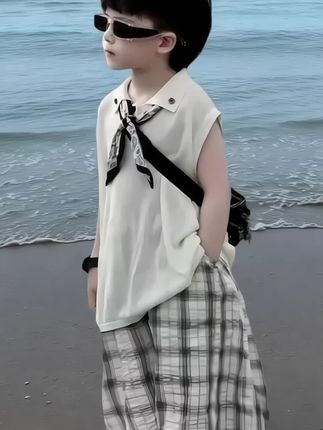 男童夏装无袖套装2025夏季新款儿童薄款上衣格子裤洋气小男孩衣服#套装#儿童套装 #短袖 #polo衫 #polo衫穿搭