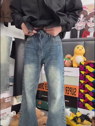 复古美式水洗猫须纹牛仔裤宽松重磅秋季男女潮流cleanfit微喇长裤#牛仔裤#直筒裤#微喇裤
