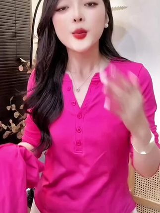 蓝卡缇亨利领简约款秋冬季女纯色长袖松简风纽扣V领休闲T恤#新品上市#谁穿都好看的衣服