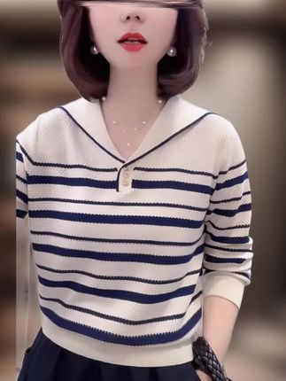 翻领条纹套头针织衫2025秋冬打底长袖上衣女#针织衫 #减龄气质 #针织打底 #洋气减龄 #洋气百搭