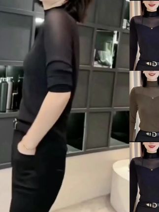 #秋冬大码圆领修身显瘦网纱字母加绒设计感长袖T恤打底上衣D1539@DOU+小助手