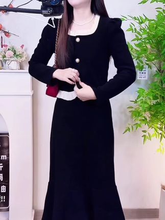 2025秋女新款 赫本风黑色气质高腰显瘦鱼尾裙小个子