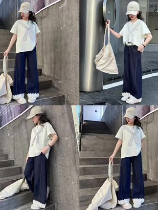 女童套装2025夏季新款洋气儿童学院风夏装中大童蕾丝牛仔裤两件套