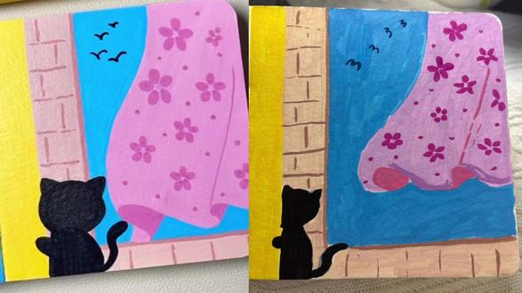 零基础学画画|丙烯马克笔这是一只偷看美景的小猫猫🐈⬛#跟着抖音学画画 #丙烯马克笔 #日常瞎画 #画出我的天马星空 #翻翻乐