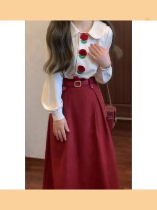 #女裙 早秋港风复古小洋装玫瑰花娃娃领上衣红色高腰半身裙学院风套装 #学院风套装 #港风女裙 #裙子搭配 #女装