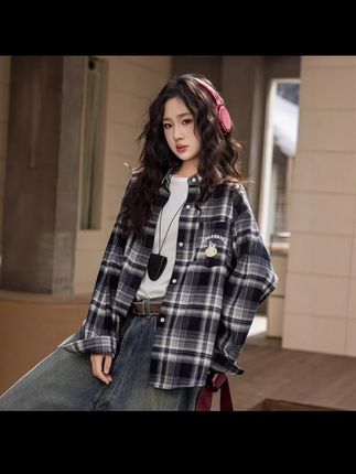 初中生格子衬衫2025秋装新款高中学生大童洋气薄款外套少女衬衣潮 #强烈推荐 #上热搜 #日常分享 #青少年