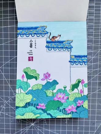 二十四节气-小暑|小暑至,荷风慢,瓦檐小猫偷闲一夏 2天了流量才100,你敢信?😂😂#丙烯笔马克笔绘画 #二十四节气之小暑 #国风手绘 #慢生活治愈 #青年创作者成长计划
