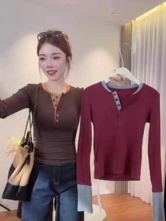 2025秋款撞色假两件独特别致内搭打底衫女辣妹上衣百搭T桖7123
