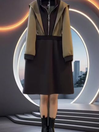 秋季新款时尚休闲气质撞色拼接假两件长袖收腰显瘦连衣裙
