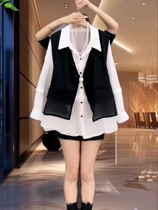 #洋气十足精致百搭 白色长袖衬衫网纱拼接马甲气质上衣两件#早秋韩系穿搭 #洋气韩版上衣