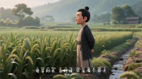 揠苗助长,出处:出自《孟子·公孙丑上》:“宋人有闵其苗之不长而揠之者,芒芒然归,谓其人曰:‘今日病矣!予助苗长矣!’其子趋而往视之,苗则槁矣。”#种田小故事 #成语故事 #田园治愈