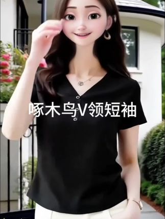 啄木鸟新款修身V领纽扣设计感T恤女2025年夏季薄款短袖百搭上衣潮#短袖t恤 @DOU+小助手 @DOU+上热门 @DOU+好生意 @抖音小助手