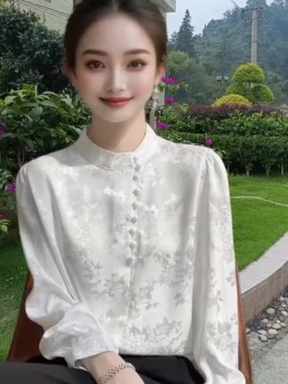 XOQ官方轻奢国风白色衬衫女春秋季高级感长袖衬衣新中式立领上衣@DOU+小助手 @抖音小助手