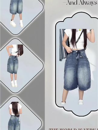 2025夏季薄款大码高腰牛仔中裤大口袋设计遮肉显瘦宽松阔腿