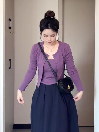 A1058#早秋新款韩系穿搭修身长袖开衫显瘦百搭吊带高腰百褶半身裙#韩系穿搭#显瘦#半身裙#早秋穿搭