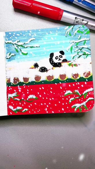 ❄冬日巨作|红墙白雪小熊猫🐼 #丙烯马克笔绘画 #一学就会的简笔画 #跟着抖音学画画 #画画教程 #简笔画