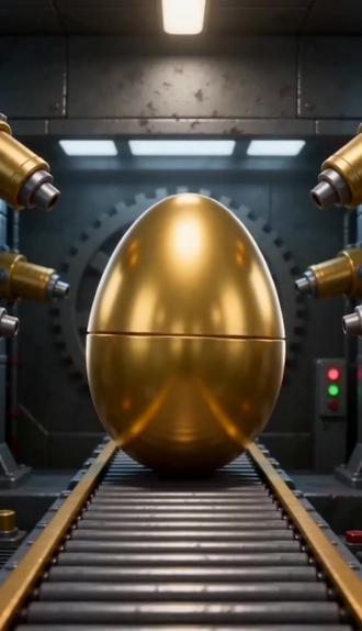 牛角蜥被机械爪抓住,放入金蛋并喷上漆。#AI工厂误闯奇遇记 #随变ai随便玩