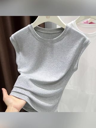 气质圆领无袖修身针织背心夏季百搭薄款打底衫灰色外穿T恤上衣女#女装 #T恤上衣 #无袖上衣 #无袖T恤 #夏季穿搭