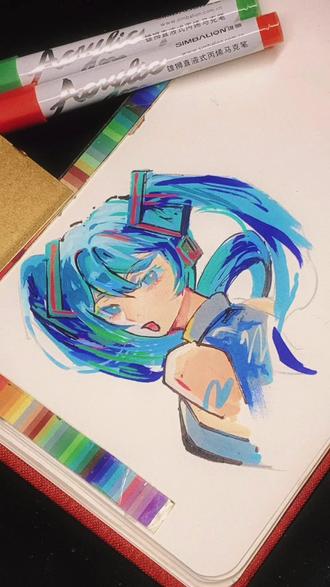 小小初音拿下拿下 画个小初音#miku#手绘#马克笔手绘#初音未来 #雄狮丙烯马克笔