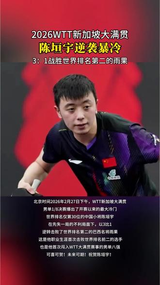陈垣宇暴冷逆袭成胜世界排名第二的巴西名将雨果,首次晋级八强。#WTT #陈垣宇 #雨果