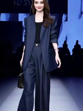 高端蓝色西装三件套女装2025秋季新款高腰阔腿裤总裁气质时尚套装