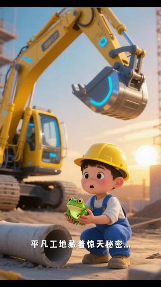 🤖救命!挖掘机竟能听懂人话?👷♂️小小工程师带着青蛙监工来啦~ 🐸夕阳下的工地萌力超标!✨