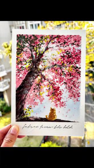 樱花树下的等待|油画棒教程 去年底 我遇见了一只小小的橘猫 收养了它 现在它是我们家小小的一员 每天下班 它都会等我回家 我创作了这张画送给我亲爱的猫宝宝。油画棒风景详细教程 春天的色彩#春天的色彩 #拥抱春天主题画 #油画棒教程 #小清新治愈系画作分享