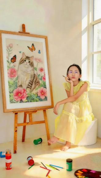 小美女画的这幅国画小猫咪,真的太治愈了 #少儿美术 #国画 #爱画画 #画室日常 #画画进步史