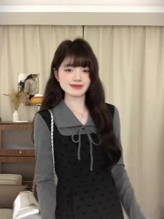法式气质赫本风假两件灰色收腰显瘦连衣裙子长裙女秋季#秋季穿搭 #收腰显瘦 #法式 #连衣裙 #裙子