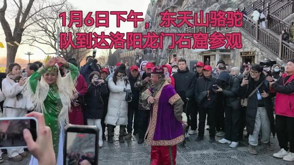 东天山骆驼队到达洛阳龙门石窟,现场舞蹈表演游客纷纷围观 #龙门石窟 #东天山来的骆驼队
