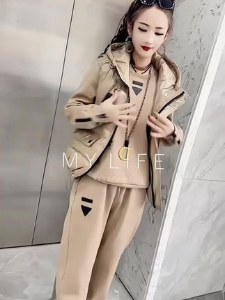 2025秋冬加绒加厚新款马甲卫衣套装女宽松气质大码遮肉简约三件套#三件套穿搭 #新款分享