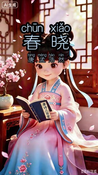 今天学习的是唐代孟浩然的《春晓》,你学会了吗?#古风童趣画面 #卡通古风小女孩 #小学生必背古诗#创造者计划 #创造者灵感