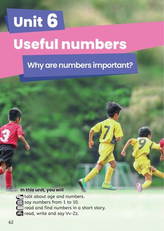新人教版英语三年级上册Unit6第62-63页 单元导读
Unit 6
Useful numbers
Why are numbers important?
In this unit,you will
talk about age and numbers.
say numbers from 1 to 10.
read and find numbers in a short story.
read,write and say Vv-Zz.
Look and think
What numbers do you see?
Where do you see numbers?
Listen and chant
One boy,two boys,
Three boys four!
Five boys,six boys,
Seven boys,more!
Listen and sing
Numbers
#三年级英语上册 #小学英语 #新人教版英语 #人教版小学英语 #英语
