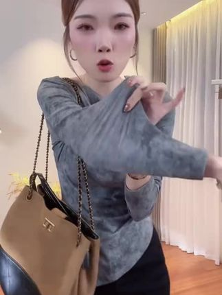 2025早秋新款长袖女短款扎染打底T恤一字肩打底衫内搭上衣女9045#一字肩#打底衫#百搭上衣