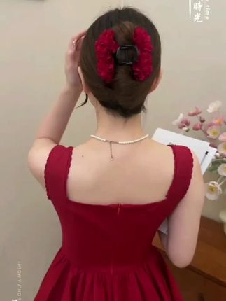 韩版新款气质优雅满钻大花朵丸子头发扣百搭成人安可拉红色发饰