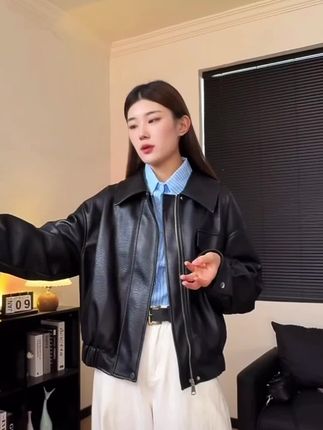 黑色皮衣机车复古港风春秋新款夹克机车服显瘦皮衣外套女短款百搭#皮衣 #外套 #女装搭配