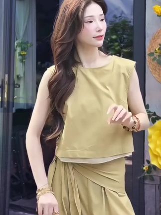 2025夏季新款老钱风时尚套装#减龄宽松背心➕高腰系带阔腿裤#两件套