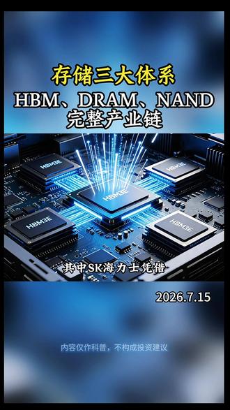 存储芯片三大体系:HBM高宽带内存、DRAM内存、NAND闪存,三种半导体存储芯片在英伟达ai服务器都有不同的作用,HBM存储目前主要核心供应链:海力士、三星、美光占据、国内长鑫、长江#英伟达 #热门 #长鑫存储 #科技 #热点