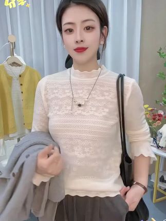 半高领蕾丝长袖打底衫女春秋内搭时尚百搭显瘦套头洋气针织衫毛衣#穿搭女装 #只做高品质 #时尚穿搭时尚穿搭时尚 #百搭显瘦 #穿搭穿搭