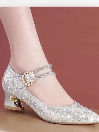 真皮水钻粗跟单鞋女2023新款春秋百搭尖头软底婚鞋喜婆婆婚礼女鞋