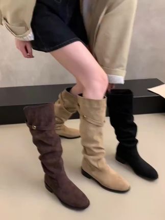 复古瘦瘦靴卡其色堆堆骑士靴女2025新款秋冬季显瘦高筒粗跟长靴子#靴子控 #长筒靴 #靴子 #女鞋 #靴子的搭配