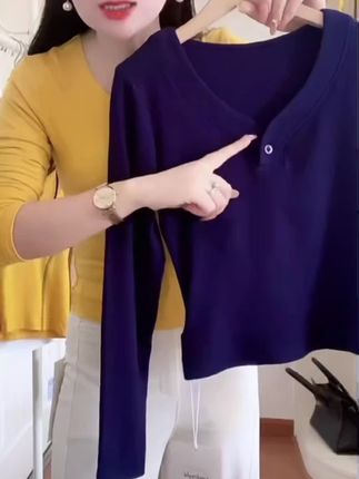 #百搭上衣 2025秋季新款半开领纽扣正肩修身长袖t恤女小个子纯色上衣女9089.#正肩长袖t恤 #秋季新款穿搭 #正肩长袖t恤 #小个子上衣女