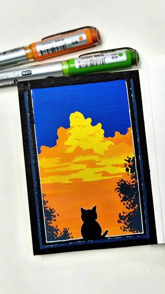 窗边有一只小猫在欣赏日落,教程来了#丙烯马克笔绘画大赏 #创作者中心 #创作灵感 #画画 #画画教程