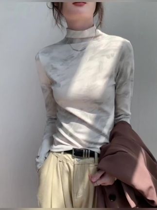 时尚扎染半高领打底衫女修身高级感内搭长袖T恤上衣时尚打底上衣#打底衫 #针织衫 #时尚打底衫